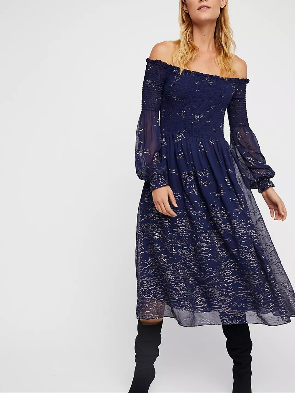 🆕️ Free People Smock Foil Balloon Sleeve Midi Dress in Evening Blue